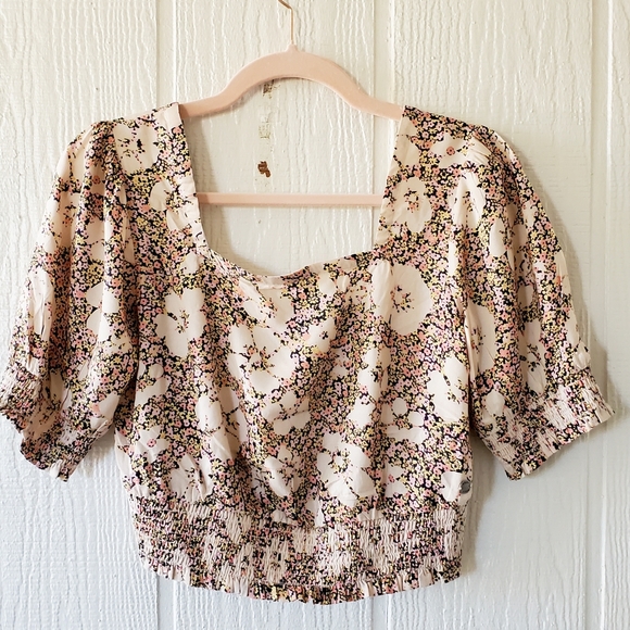 ROXY Boho Floral Smocked Cropped Square Neck Peasant Top Small - Picture 1 of 7